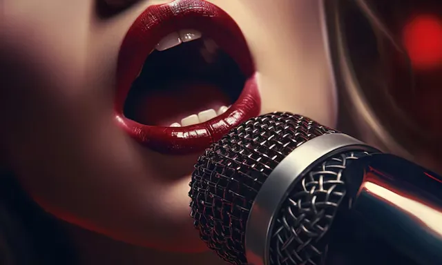 Dark-skinned woman's lips, singing emotionally in heavy rain, adorned with red lipstick, in the style of a classic film noir femme fatale