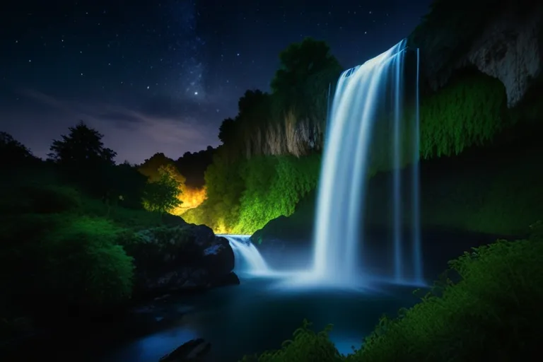 a night scene of a waterfall and a river