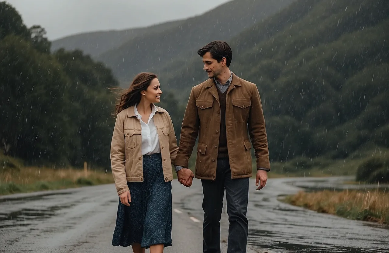 a man and a woman walking down a road in the rain