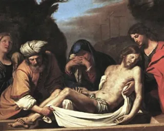 a painting of jesus on the cross with other people