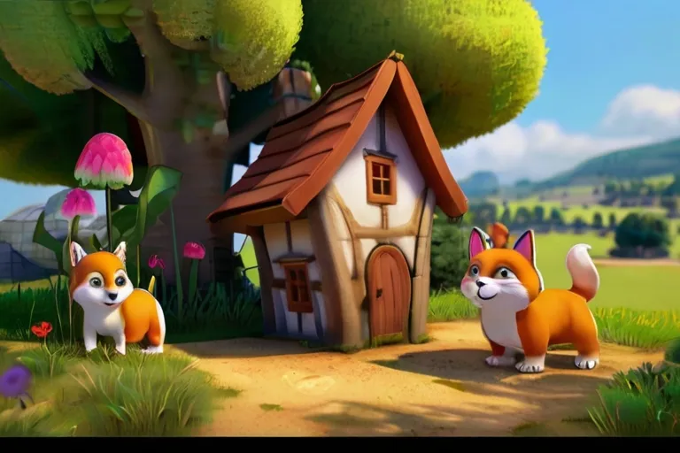 a couple of foxes standing in front of a house