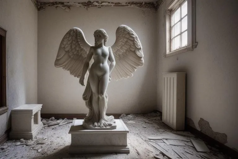 a statue of an angel standing in a room