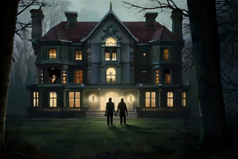 two people standing in front of a large house