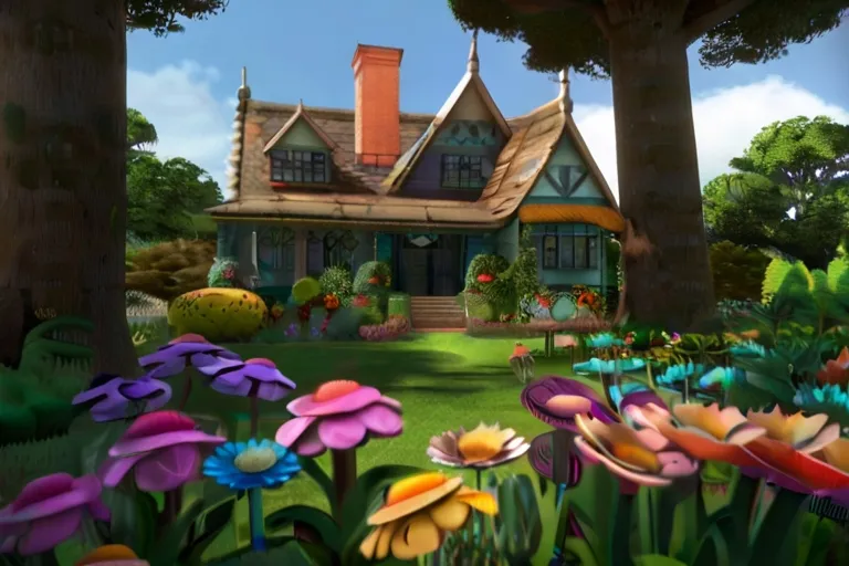 a painting of a house surrounded by flowers