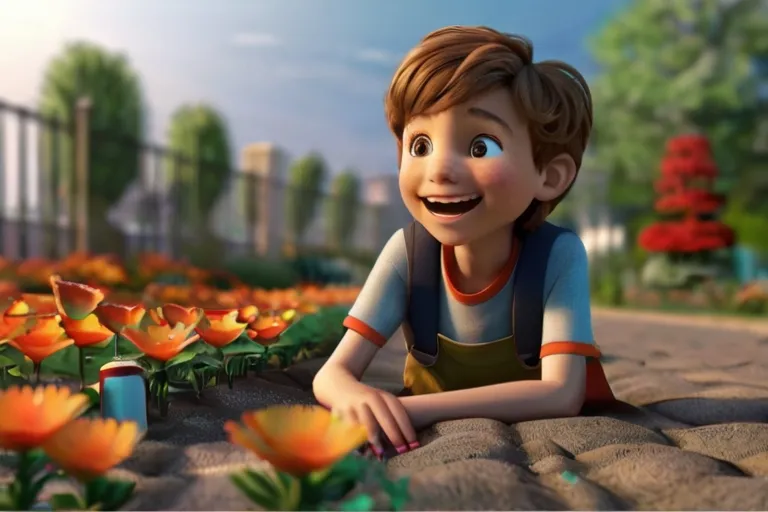 a boy laying on the ground in a field of flowers