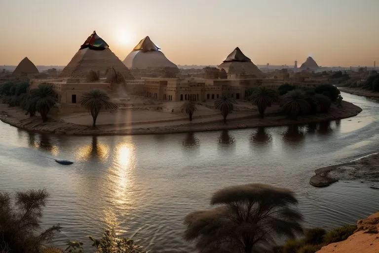 an aerial view of a river and pyramids in egypt