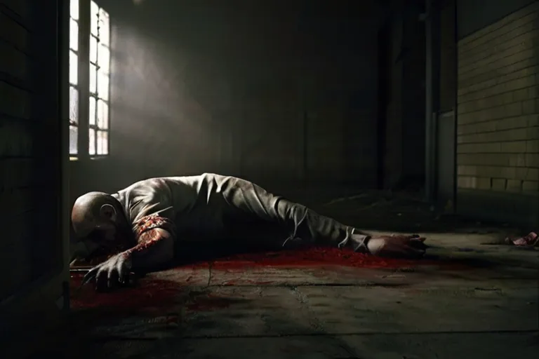 a man laying on the floor in a dark room