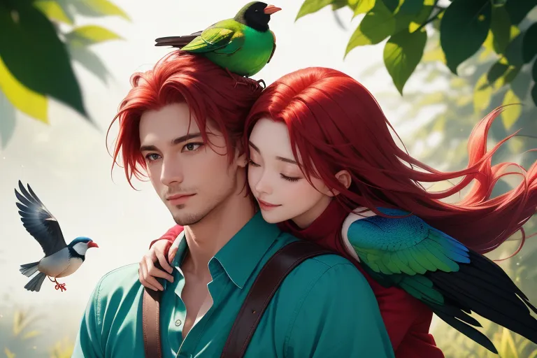 a man and a woman with red hair and birds on their shoulders