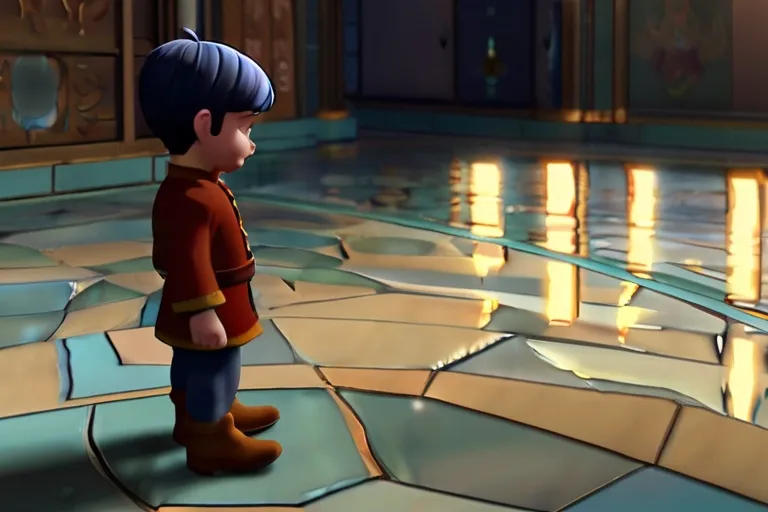 a boy standing on a tiled floor in a room