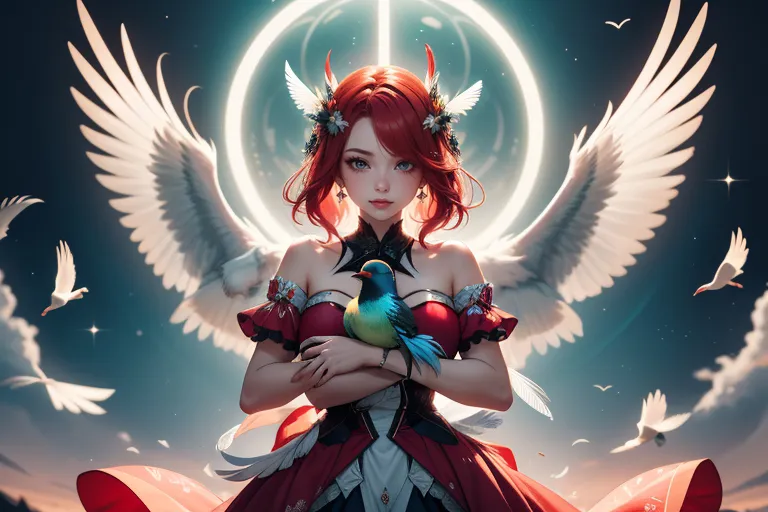 a woman with red hair and wings holding a bird