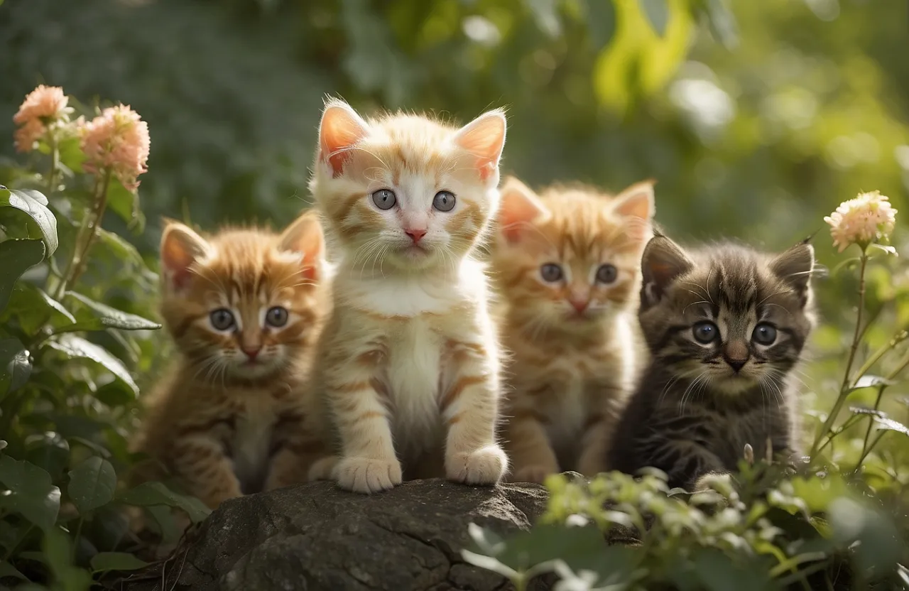 a group of kittens sitting on top of a rock