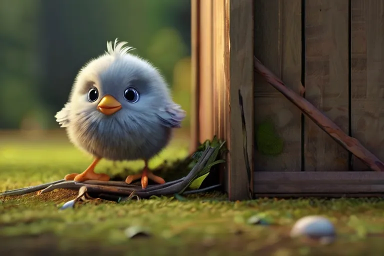 a small bird standing next to a wooden door "They found a tiny, fluffy baby bird who had fallen out of its nest. They took care of it, making sure it was safe and warm."