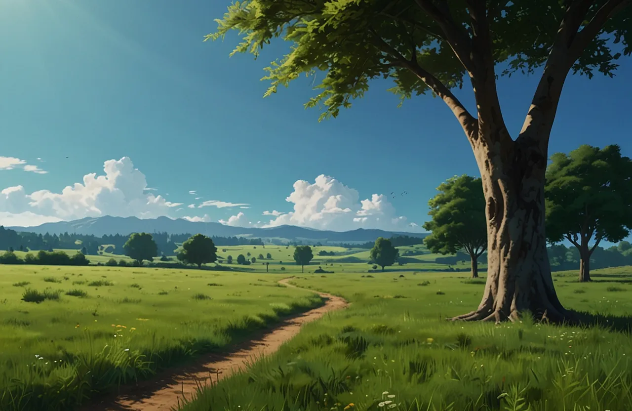 a anime field with a dirt path leading to a tree, anime style, Ghibli style