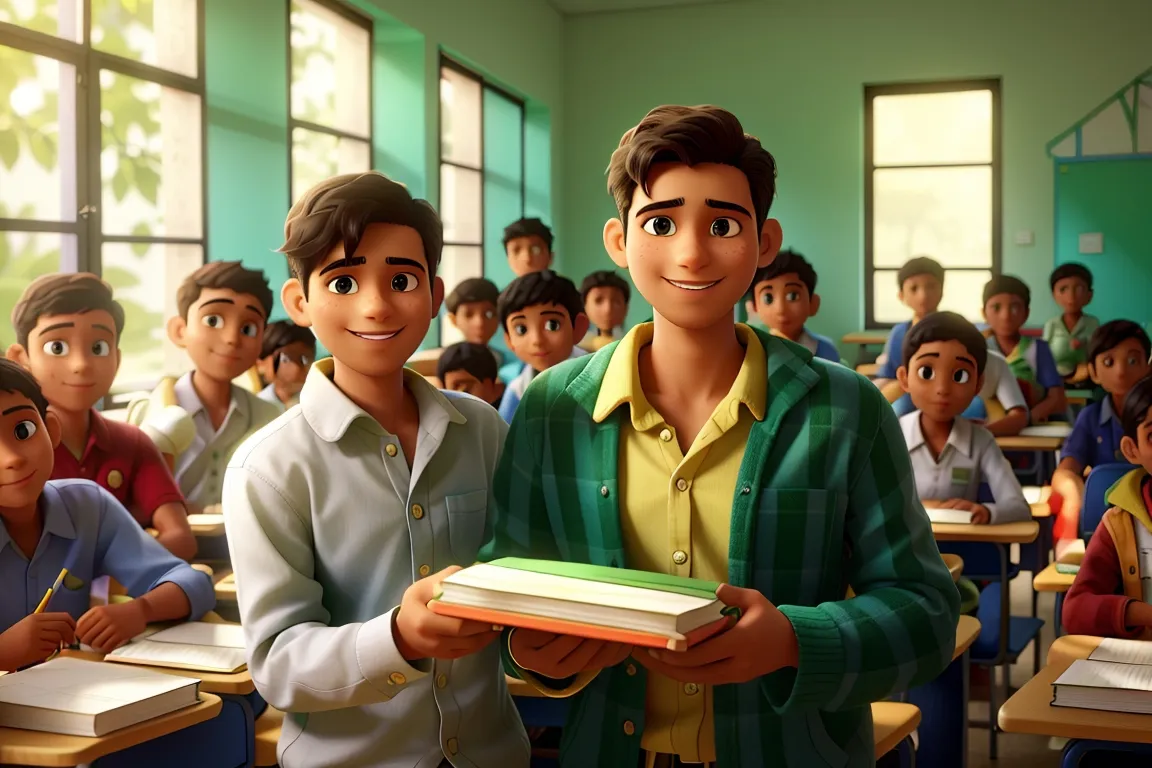 a man holding a book in front of a classroom full of students very slowly moving and smiling. All looking slightly smiling & happy.  Room looking fantastic. 