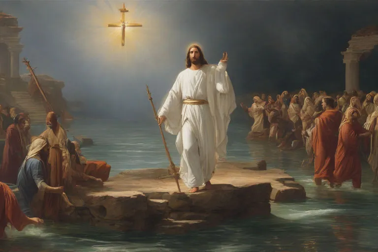 a painting of jesus walking across a body of water