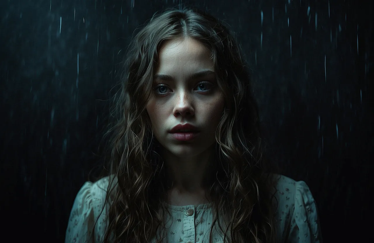 a woman with long hair standing in the rain