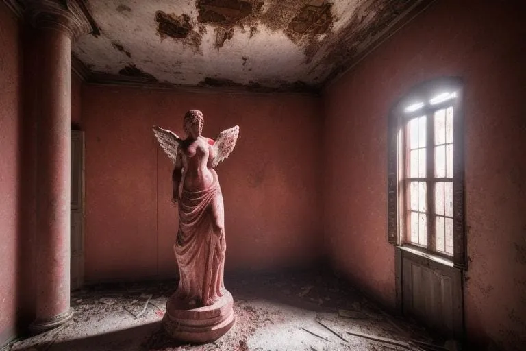 a statue of an angel in a room with red walls