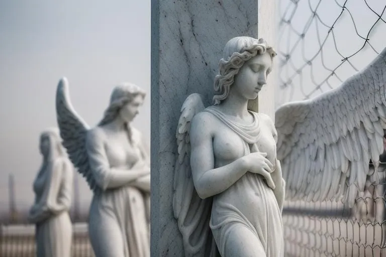 a couple of statues of angels next to a chain link fence