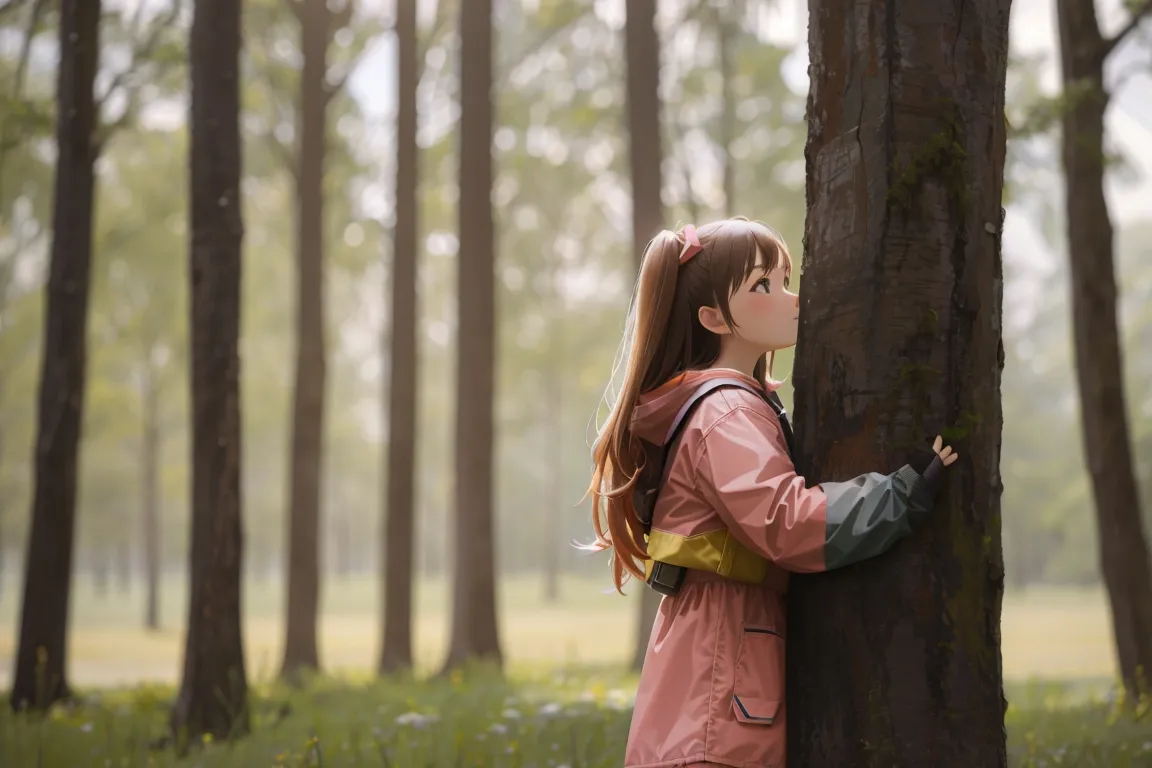 a girl is hugging a tree in the woods