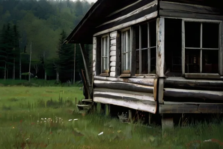 a painting of a cabin in the woods