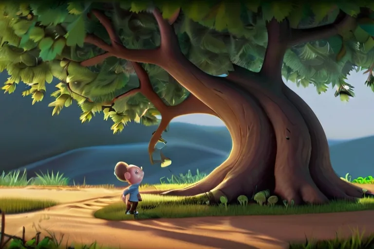 a little boy standing in front of a big tree