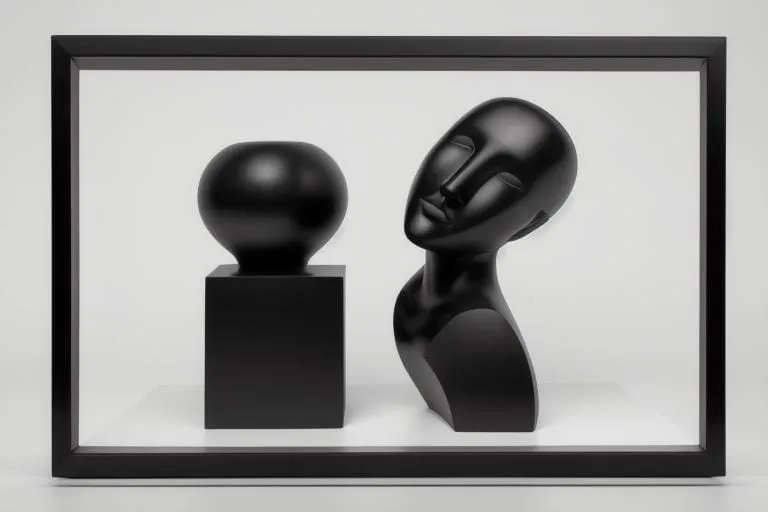 a couple of black sculptures in a black frame