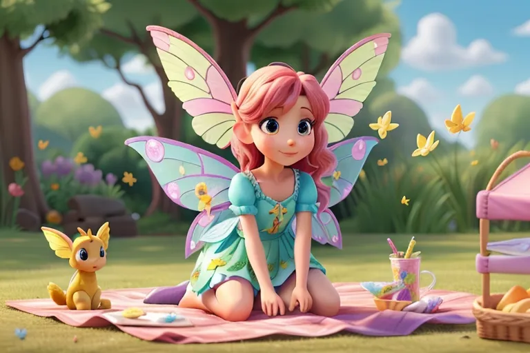 Flutter the Fairy hovering above the picnic blanket, sprinkling magical pixie dust around.