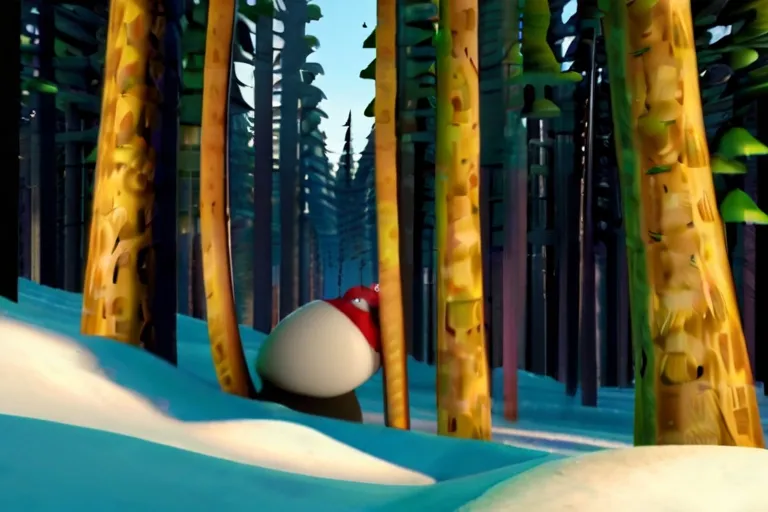 a cartoon of a penguin in a snowy forest