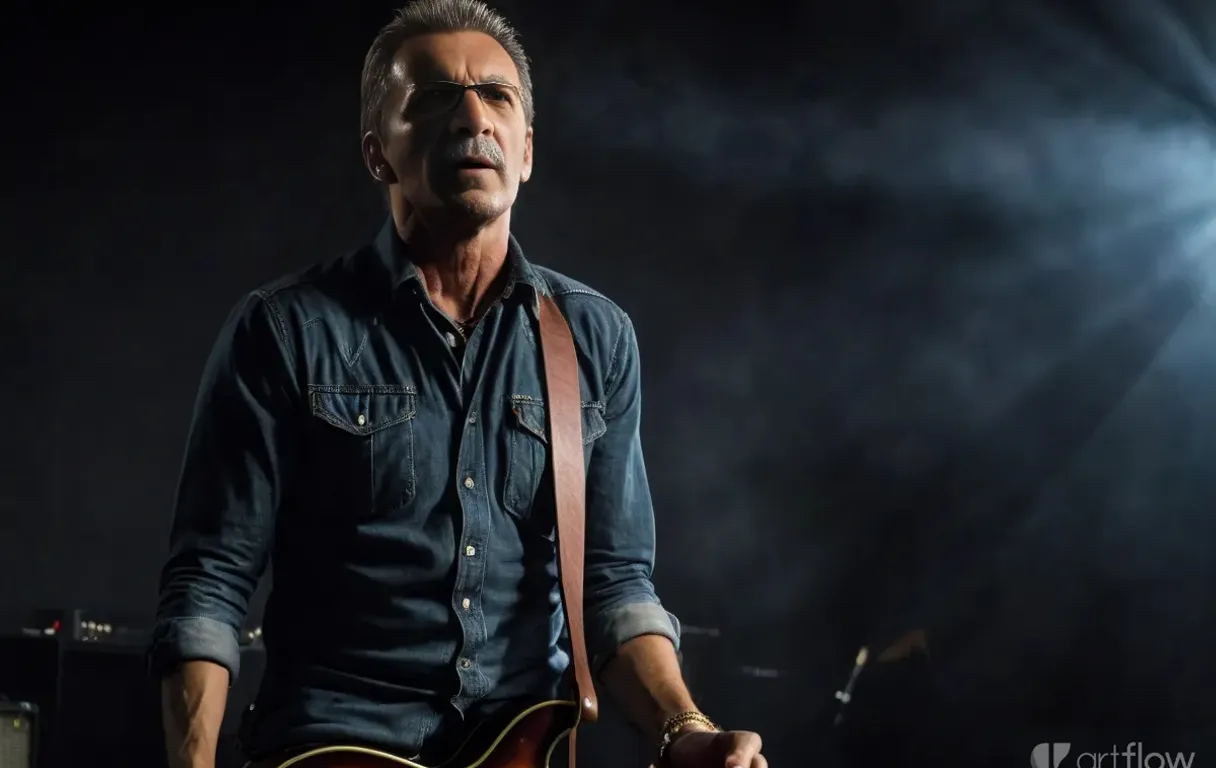 a man with a guitar standing in front of a stage