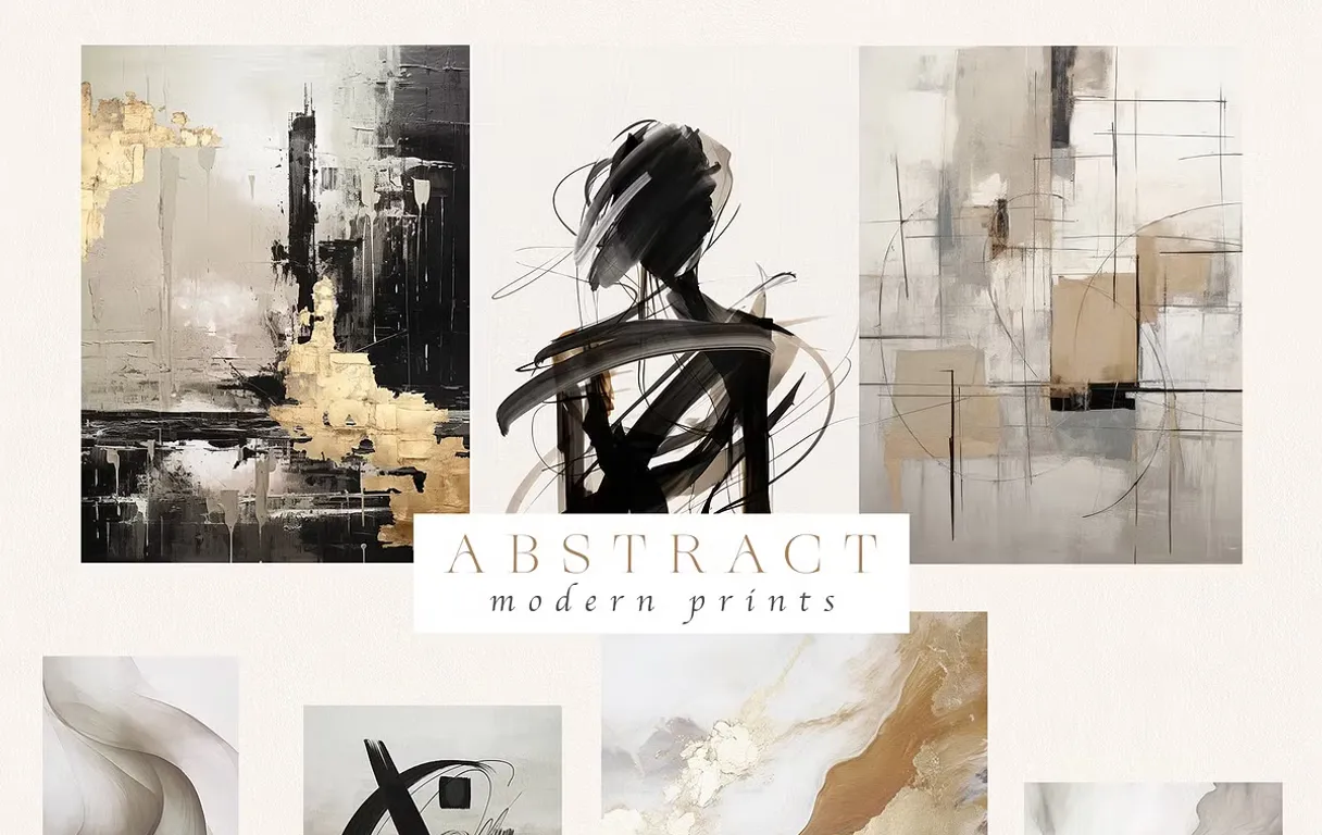 a collage of abstract modern prints with a woman's profile