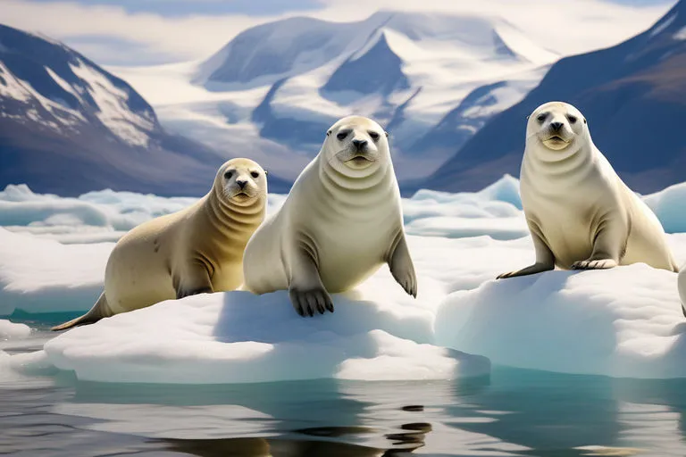 a group of sea lions sitting on top of an iceberg