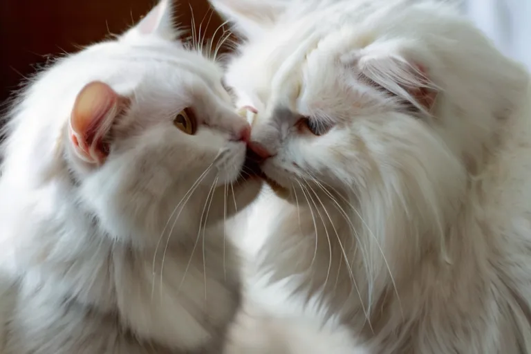 two white cats are touching noses with each other