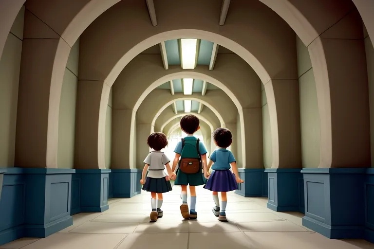 The trio navigating through a maze of corridors, encountering eerie sights and sounds along the way]