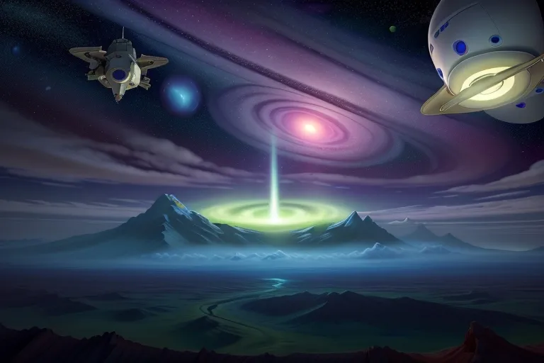 The spacecraft orbiting a mysterious planet shrouded in swirling clouds and glowing auroras.