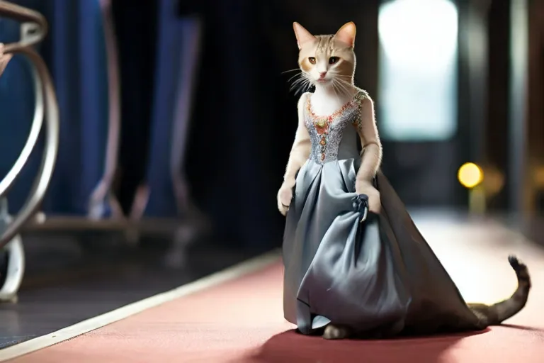 a cat figurine sitting on the ground in a dress