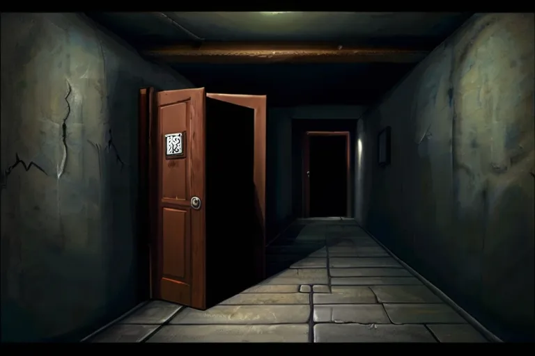 a dark hallway with a red door leading to another room