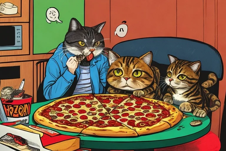 two cats sitting at a table with a pizza