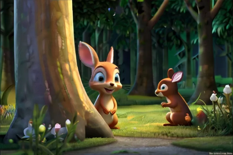 a rabbit and a bunny are in the woods "In a magical forest, there lived three best friends: Sammy the squirrel, Molly the rabbit, and Danny the deer."