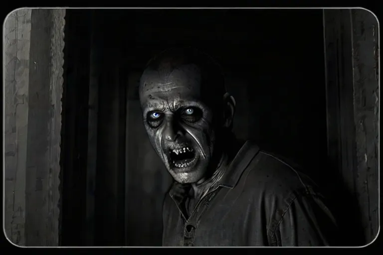 a creepy looking man with blue eyes in a dark room