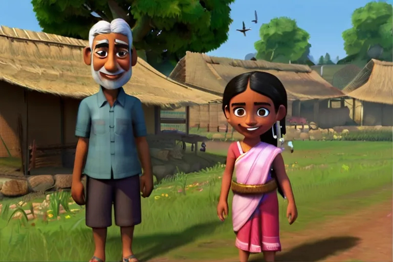 a man and a woman standing in front of a village