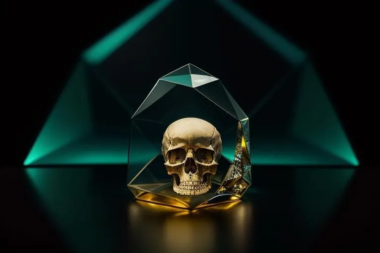 a skull sitting on top of a table next to a glass