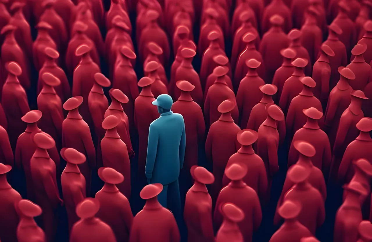 a person standing in front of a large group of red people