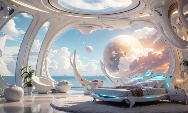 a futuristic bedroom with a view of the moon