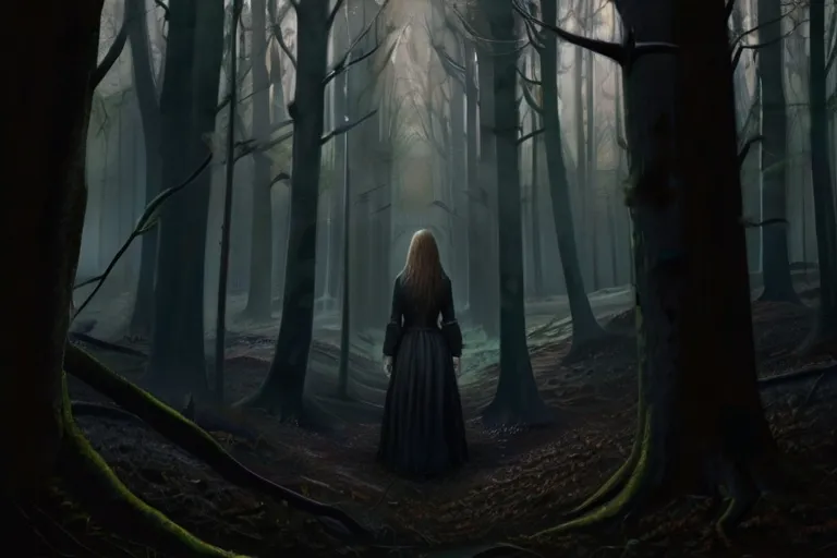 a woman standing in the middle of a forest