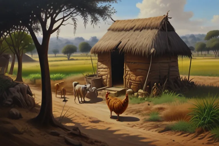 a painting of a farm scene with chickens and sheep