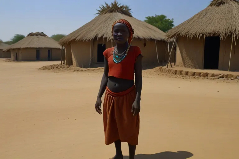 a woman standing in front of some huts