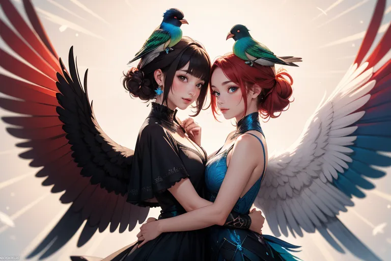 a couple of women standing next to each other with birds on their heads