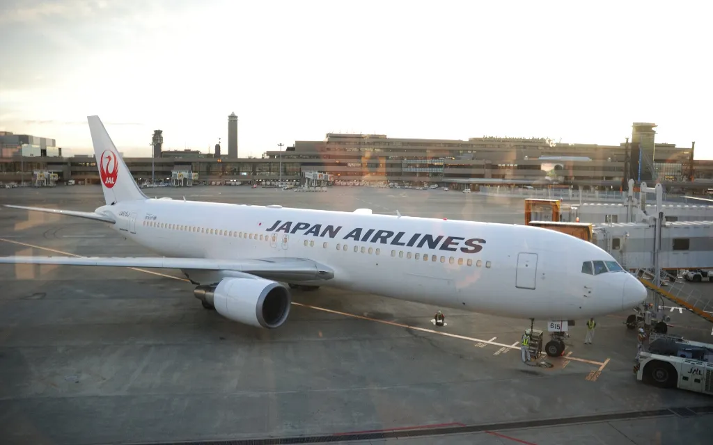 a japan airlines plane parked at an airport