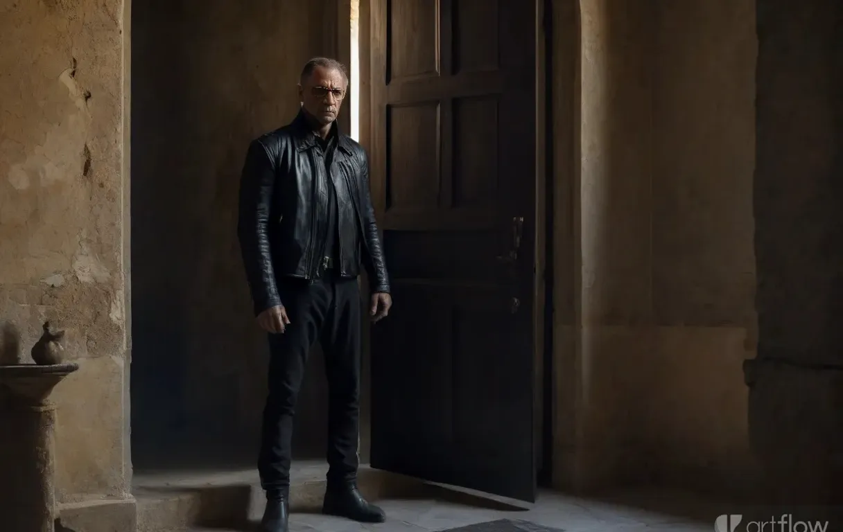 a man in a black leather jacket standing in a doorway