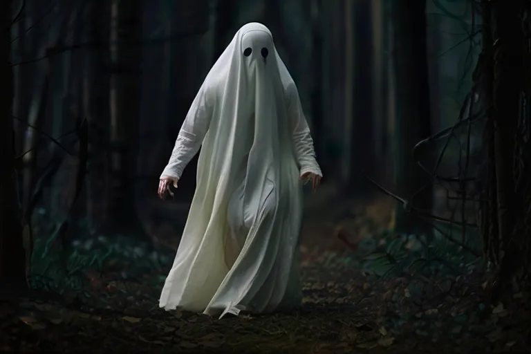 a person in a ghost costume walking through a forest